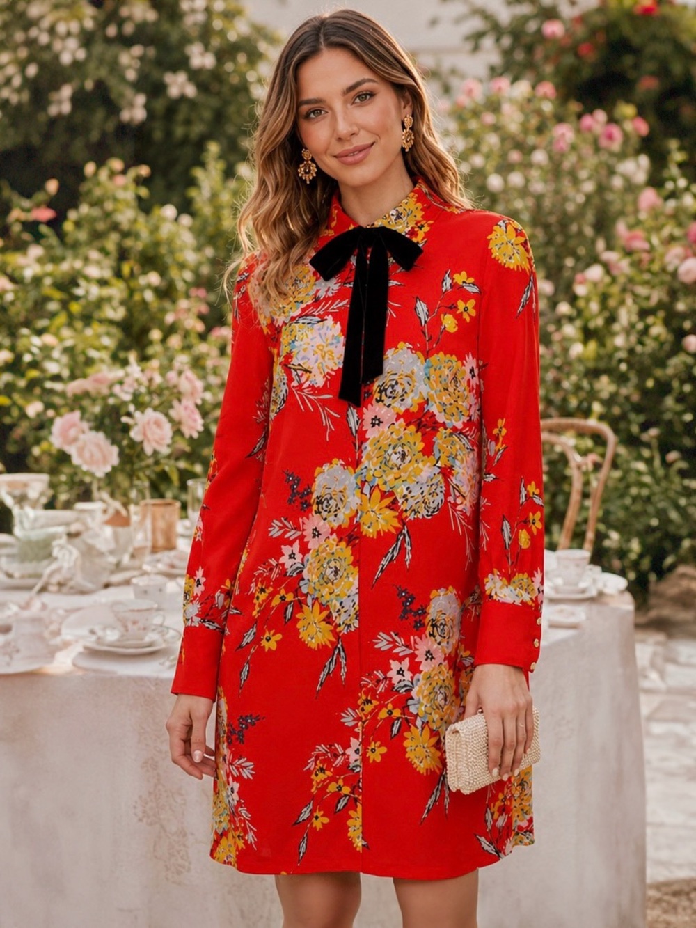 Zara NWOT Orange Floral Collar w/ Bow Long Sleeve Button-Up Shirt Dress | Size S